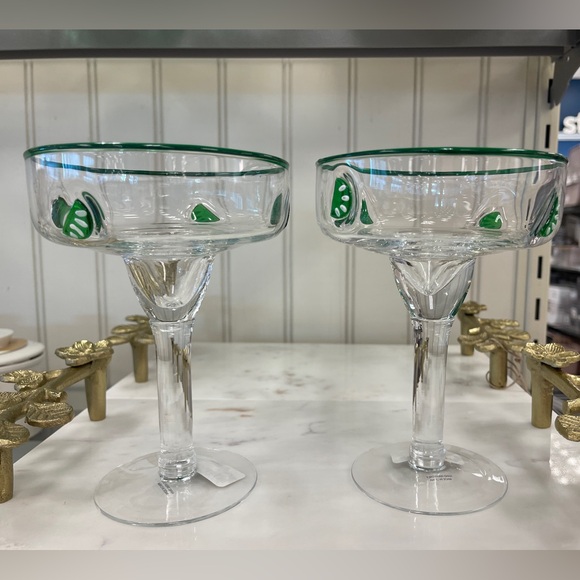 Lime Wedge 🍋‍🟩 Lampwork Embedded Glass Green Rim Margarita  Glasses set of 2 NWT - Picture 1 of 3